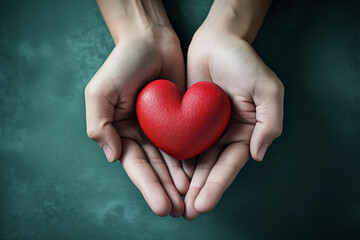 hands holding red heart, health care, love, organ donation, mindfulness, wellbeing, family insurance and CSR concept