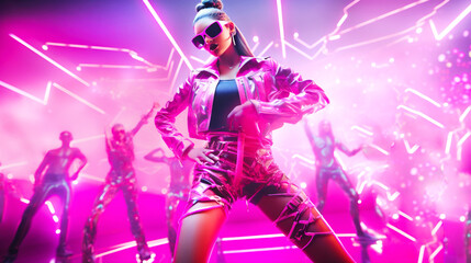 Music Festival in Barbie style pink. DJ creating soundscapes in holographic neon-lit virtual colors. Banner. Generative Ai content.