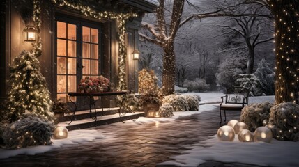 the enchanting beauty of a snow-covered garden adorned with glimmering holiday decorations, such as sparkling snowflake ornaments, and fairy lights wrapped around trees - obrazy, fototapety, plakaty