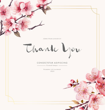 Collection of сherry blossom flowers and branches in vector watercolor style. Thank you card. AI generated