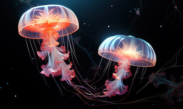 Pink jellyfish floating in the water. Undersea world.