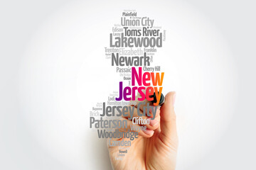 List of cities in New Jersey USA state, map silhouette word cloud, map concept background