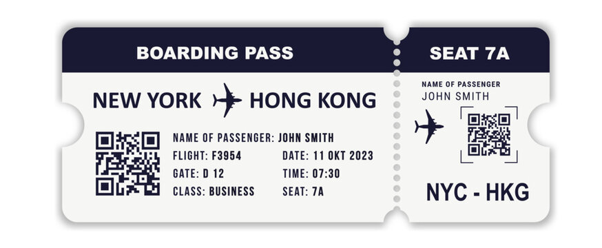 Isolated flight boarding pass on white background. Realistic airline ticket. Modern plane ticket with city, passenger, gate, flight, class, seat. Travel concept, flat .