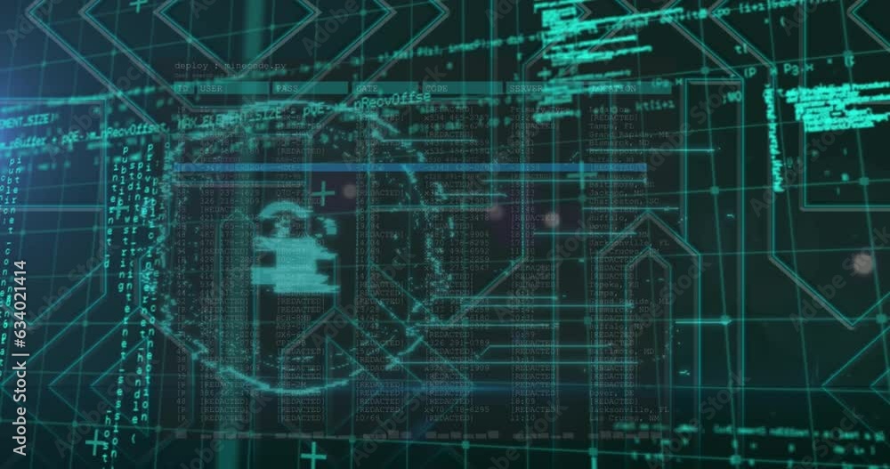 Poster animation of security padlock icon and data processing over grid network against black background