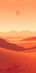 Vector art illustration with a mountain range and a setting sun with orange hues. AI generative art