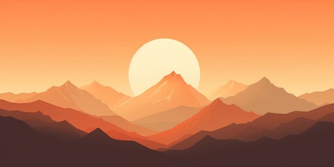 Obraz premium Vector art illustration with a mountain range and a setting sun with orange hues. AI generative art