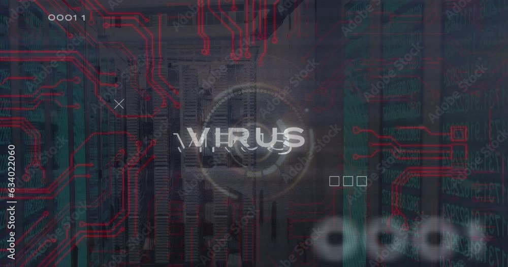 Aufkleber animation of virus text on circles, circuit board pattern, binary codes, numbers on server room