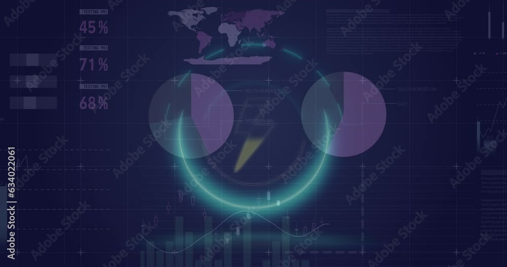 Poster animation of thunder icon in circles over infographic interface against black background