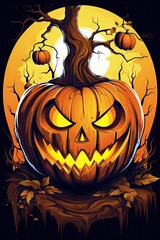 A spooky jack-o-lantern pumpkin perched on a tree branch