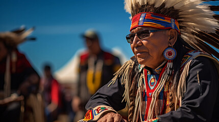 A Native American Powwow, full regalia, vibrant colors, traditional dance, cultural respect, spectators in background, sunny day