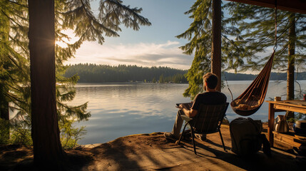 A sunlit, serene, lakeside setup in British Columbia: a digital nomad working on a laptop, sitting in a hammock, surrounded by towering pine trees, a steaming cup of coffee on a wooden table nearby
