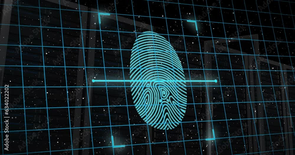Poster animation of fingerprint and padlock in shield with server racks over space in background