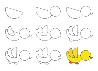 How to draw. Guide to drawing cartoon duck. Simple step-by-step drawing tutorial for kids.