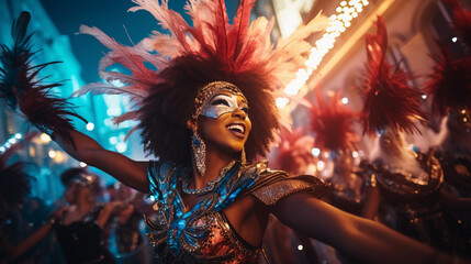 Group of Brazilian Samba dancers, vibrant feathers, sequins, energetic movement, street parade, Rio...