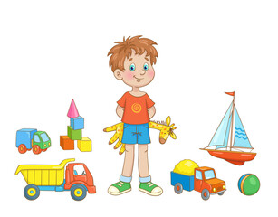 Funny little boy with toy giraffe surrounded by toys. In cartoon style. Isolated on white background. Vector illustration