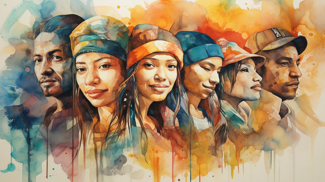 Global Storytellers: A dreamlike watercolor portrait of traditional storytellers, each narrating in their native language, their tales taking shape in abstract forms around them