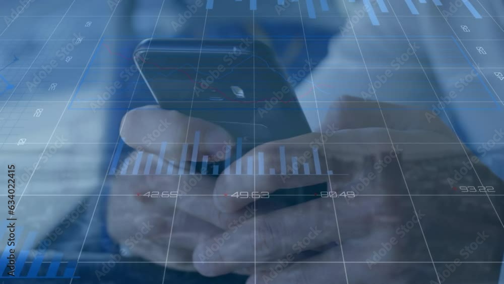 Poster animation of multiple graphs with changing numbers, midsection of caucasian man typing on smartphone