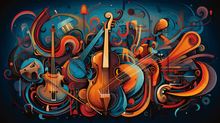 Music Harmony: Abstract illustration of musical instruments from around the world, interlaced into a harmonious and rhythmic design, rich with textures and bright colors