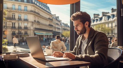 digital nomad working from a bustling cafe in Paris: Nomad sitting on a terrace, iconic Parisian buildings and busy street life in the backdrop
