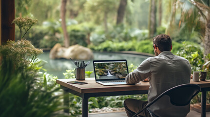 Remote work setup amidst a lush garden, visible greenery and wildlife in the background, dreamy pastel tones, Impressionist painting style