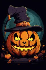 A Halloween pumpkin with a witch's hat on top