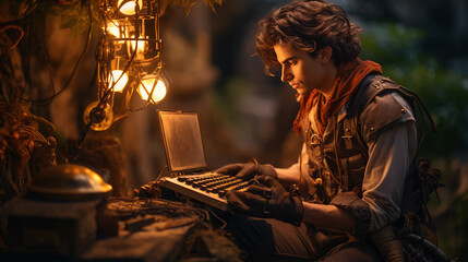 Steampunk - inspired depiction of a digital nomad, gadgets integrated into nature, rustic, warm tones