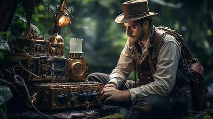 Steampunk - inspired depiction of a digital nomad, gadgets integrated into nature, rustic, warm tones