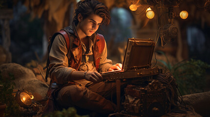 Steampunk - inspired depiction of a digital nomad, gadgets integrated into nature, rustic, warm tones