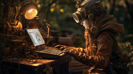 Steampunk - inspired depiction of a digital nomad, gadgets integrated into nature, rustic, warm tones