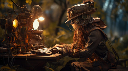 Steampunk - inspired depiction of a digital nomad, gadgets integrated into nature, rustic, warm tones