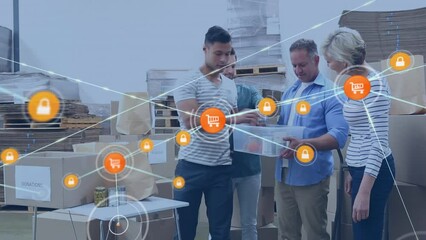 Animation of connected icons over diverse volunteers placing groceries in plastic box for donation - Powered by Adobe