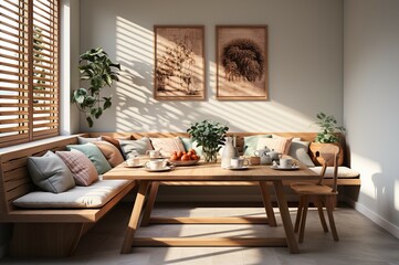 Obraz premium The interior of the dining room is neatly prepared with elegant modern furnishings. The atmosphere is comfortable and relaxing.