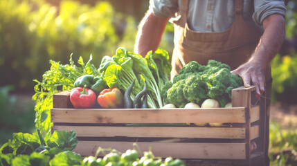 Local farmer with freshly picked organic vegetables in a wooden crates . Natural greens and earthy tones, showcasing the connection to land and its bounty. Banner. Generative Ai content.
