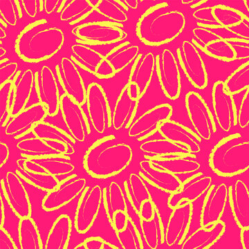 Textured yellow daisy flowers on fuchsia background. Seamless pattern. Vector illustration for wrapping paper, fabric, print.