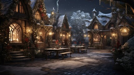the enchanting beauty of a snow-covered garden adorned with glimmering holiday decorations, such as...