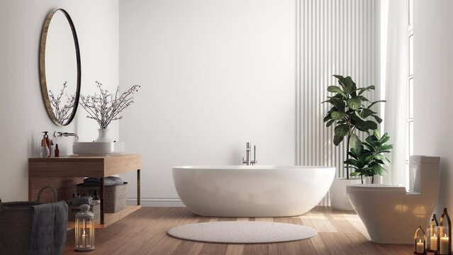 Animation of minimal style modern contemporary white bright bathroom with natural light 3d render illustration There are wooden floor and sink counter ,golden round mirror decorated with candle