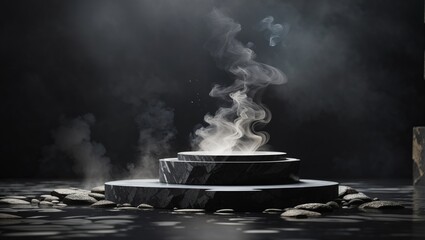 Abstract minimal concept. Dark background with natural granite stones podium on water and smoke surrounding. Mock up template for product presentation
