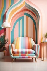 Abstract minimal concept. Pastel multi colour vibrant groovy retro striped background wall frame with bright armchair decor. Mock up template for product presentation