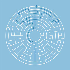 Vector circle maze isolated on blue background. Education logic game labyrinth for kids. With the solution.