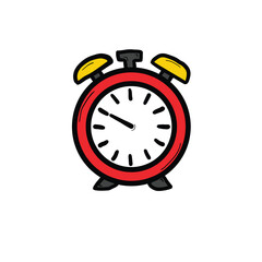 Cartoon hand-drawn red alarm clock on a white background.