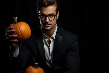 A man holding two pumpkins in a suit