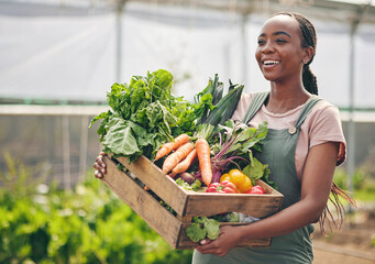 Woman, farming and vegetables in greenhouse for agriculture, supply chain or business with green...