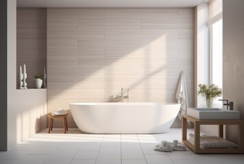 White bathroom interior with bathtub and plant, room with white bathtub