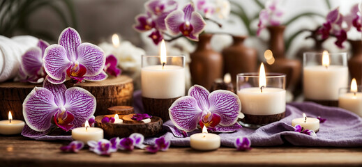 Obraz na płótnie Canvas Spa concept, Purple and white orchid with massage stones, candles on blurred background