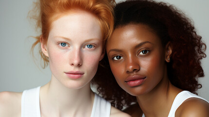 Portrait of two attractive female fashion models with great skincare of all races. Generative AI