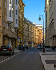 Naklejka na ściany i meble Street in center of Moscow in Russia. Cozy cityscape in Moscow. Architecture and landmarks of Moscow.