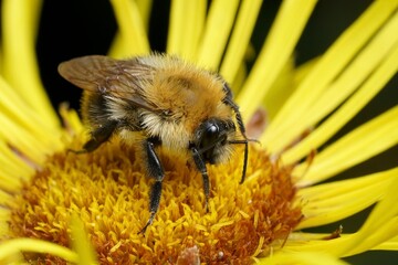 Closeup on a fluffy orange Brown banded carder bee , Bombus pascuorum, sitting on a yellow Inula...