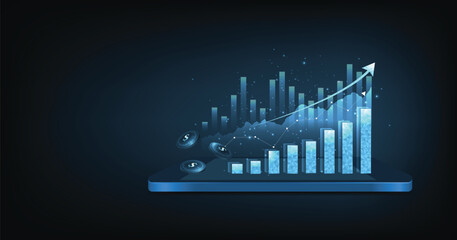 Business investment and graph arrow up growth on blue dark background. Business chart with rising and uptrend line graph.trading stock market concept.Vector illustration.	