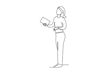 One continuous line drawing of a female librarian is looking for books
