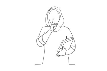 One continuous line drawing of a female librarian who was telling customers not to make a fuss
